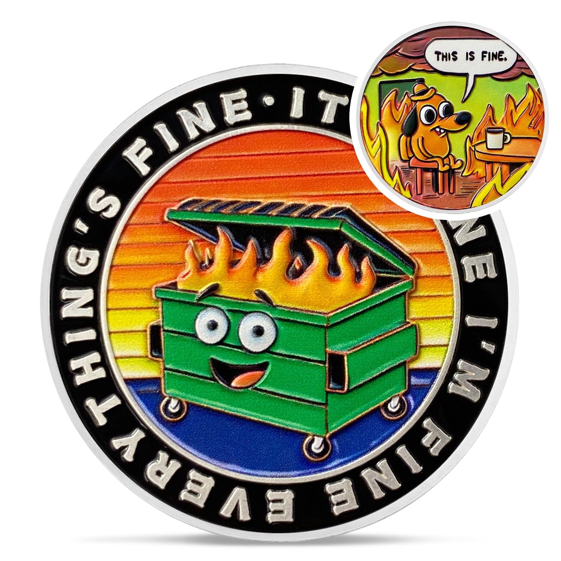 激レア金スタンププロモ！MIGHTY FIRE Amazon.com: Colorful Dumpster Fire Challenge Coin - This is Fine